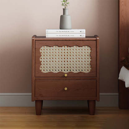 Vintage Rubberwood Rattan 1-Drawer Nightstand