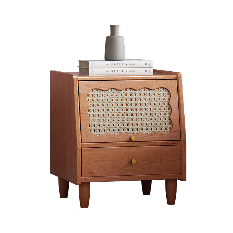 Vintage Rubberwood Rattan 1-Drawer Nightstand