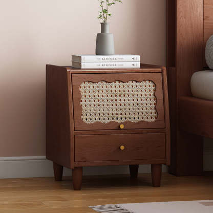 Vintage Rubberwood Rattan 1-Drawer Nightstand — Walnut Color