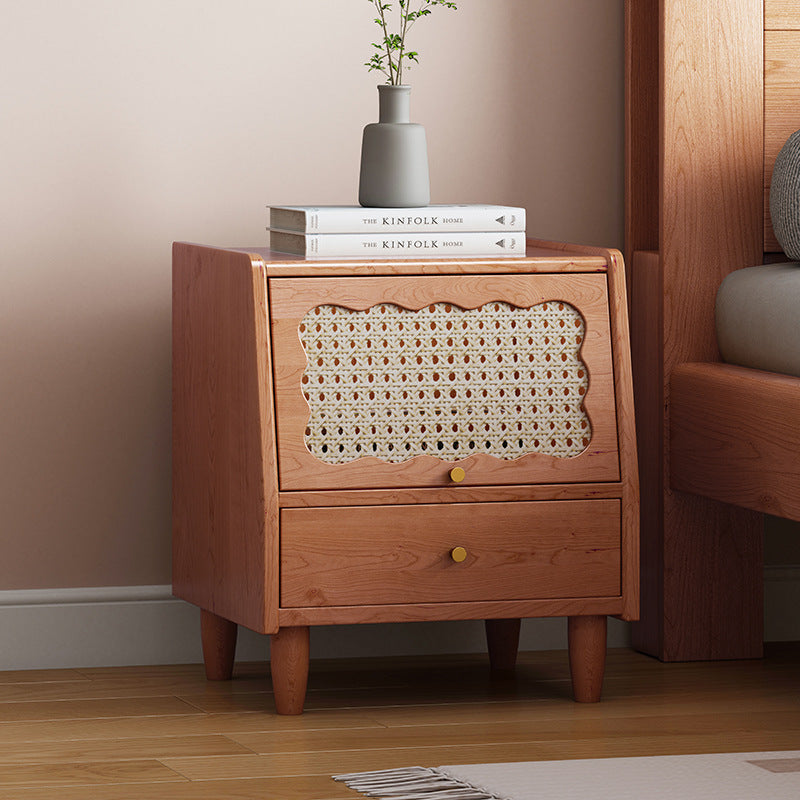 Vintage Rubberwood Rattan 1-Drawer Nightstand — Cherry Color