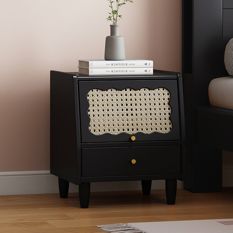 Vintage Rubberwood Rattan 1-Drawer Nightstand
