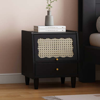 Vintage Rubberwood Rattan 1-Drawer Nightstand