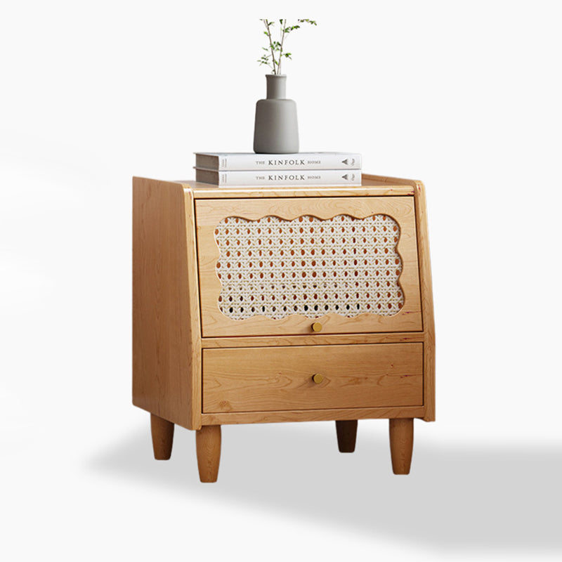 Vintage Rubberwood Rattan 1-Drawer Nightstand