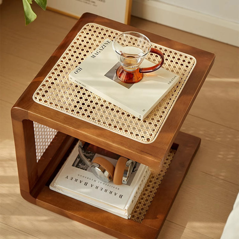 Vintage Rubberwood Rattan Side Table