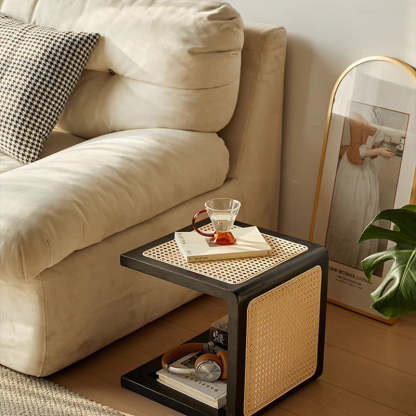 Vintage Rubberwood Rattan Side Table — Black
