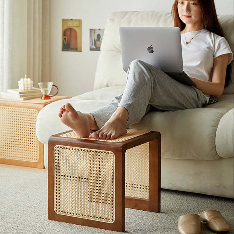 Vintage Rubberwood Rattan Side Table