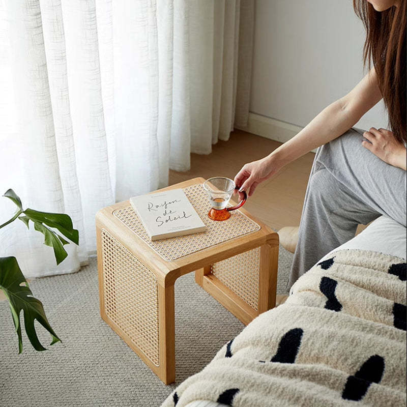 Vintage Rubberwood Rattan Side Table