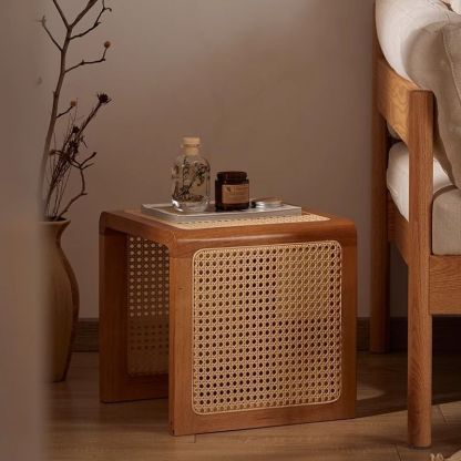 Vintage Rubberwood Rattan Side Table