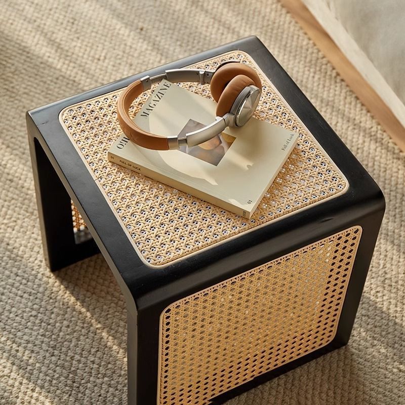 Vintage Rubberwood Rattan Side Table