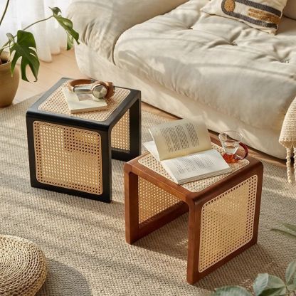 Vintage Rubberwood Rattan Side Table