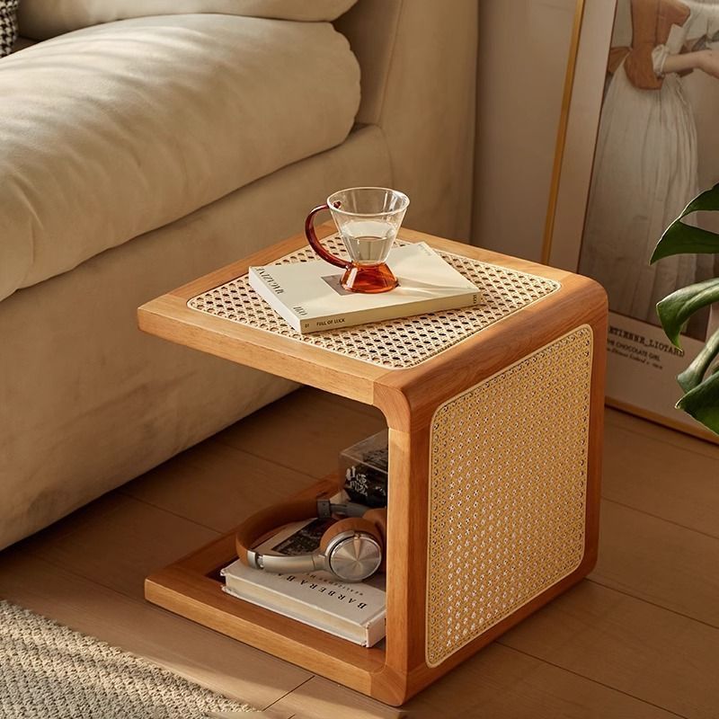 Vintage Rubberwood Rattan Side Table