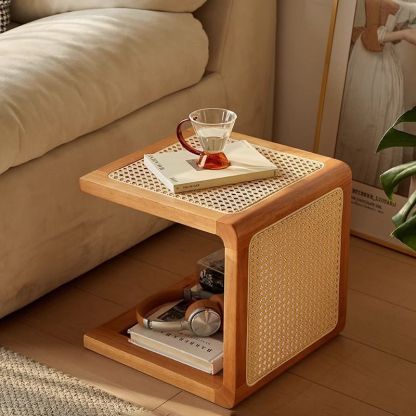Vintage Rubberwood Rattan Side Table