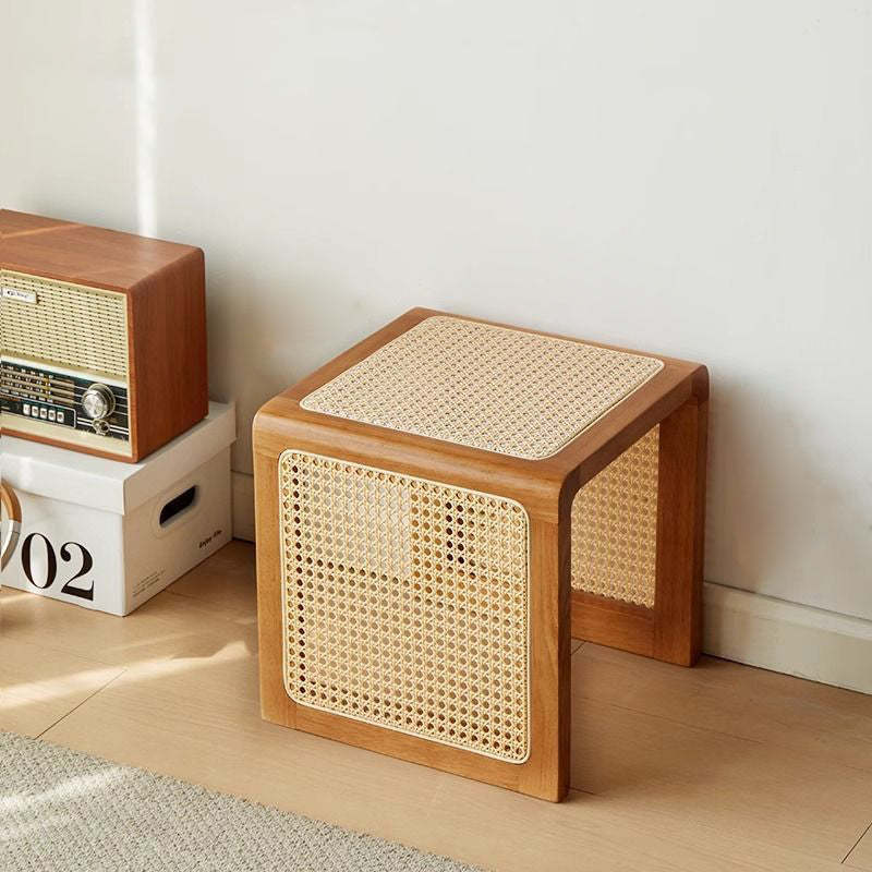 Vintage Rubberwood Rattan Side Table — Walnut Color