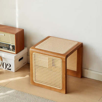 Vintage Rubberwood Rattan Side Table — Walnut Color