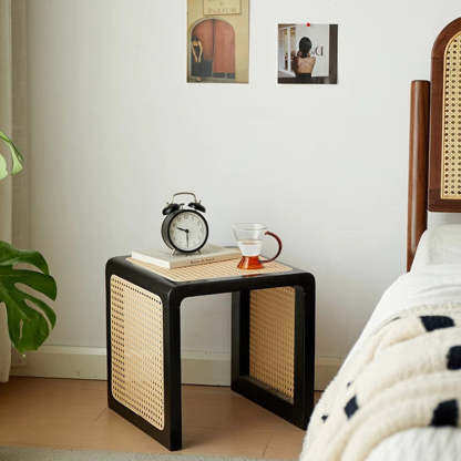 Vintage Rubberwood Rattan Side Table — Original Wood Color