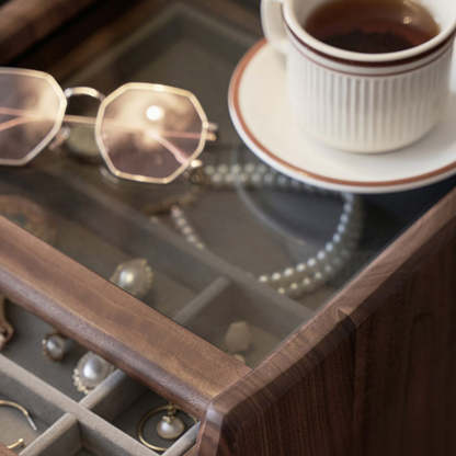 Vintage Black Walnut Glass Nightstand