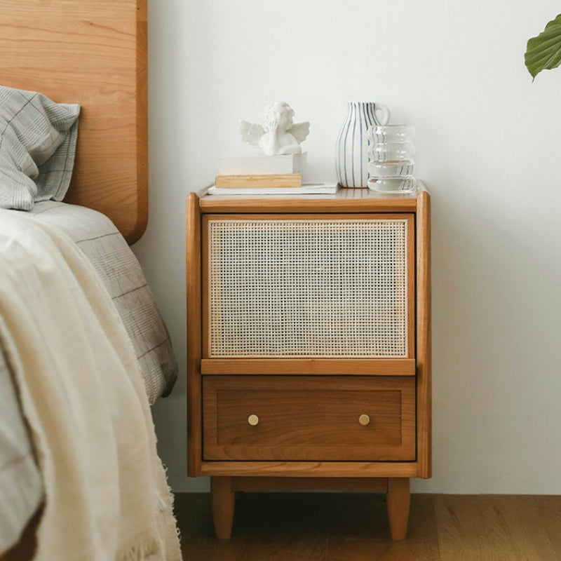 Vintage Solid Wood Rattan 2-Drawer Nightstand