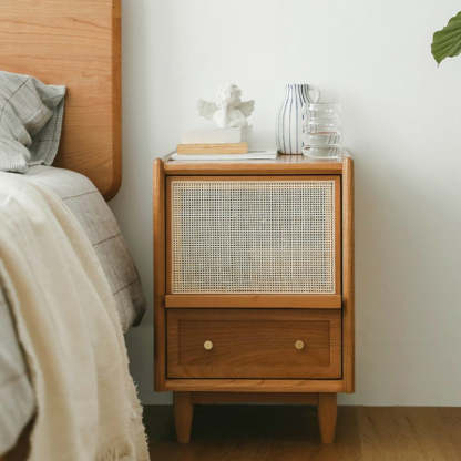 Vintage Solid Wood Rattan 2-Drawer Nightstand