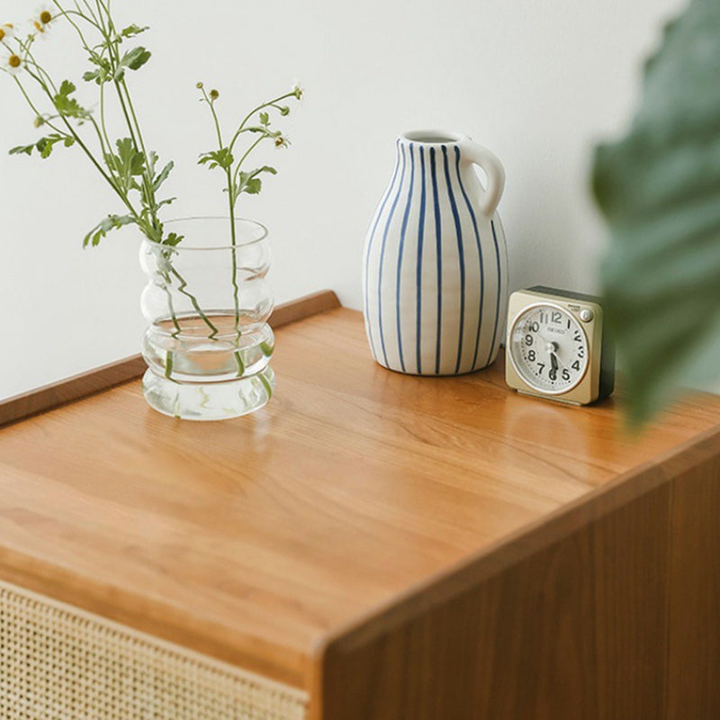 Vintage Solid Wood Rattan 2-Drawer Nightstand — B - With Light / Cherry Color