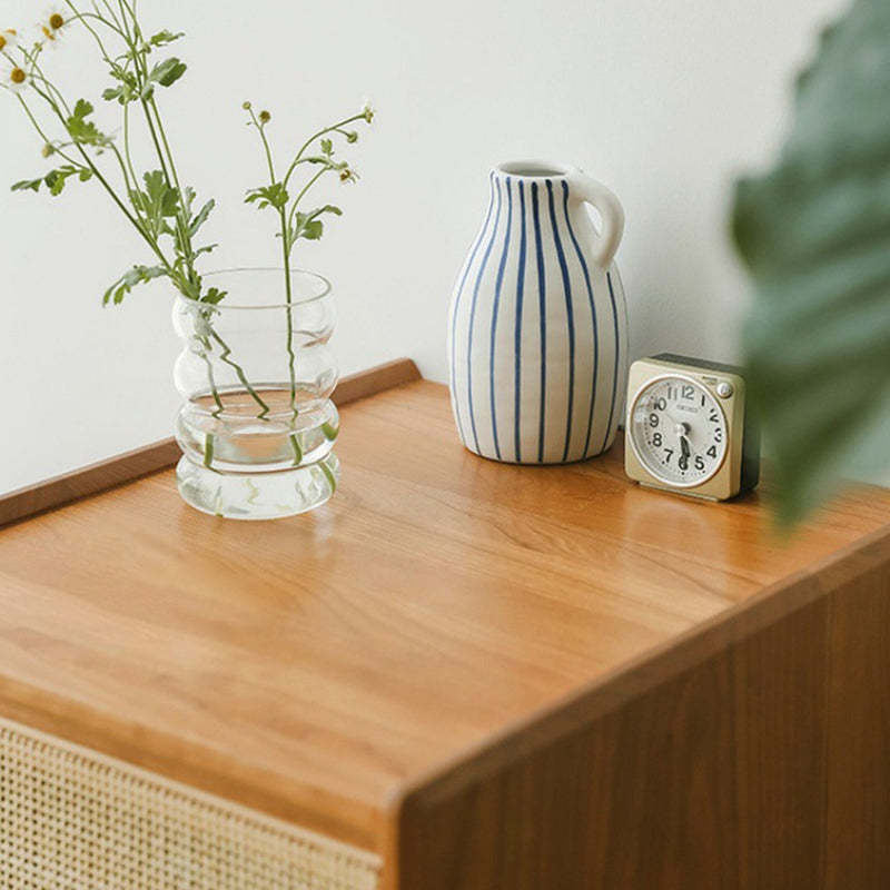 Vintage Solid Wood Rattan 2-Drawer Nightstand — B - With Light / Cherry Color