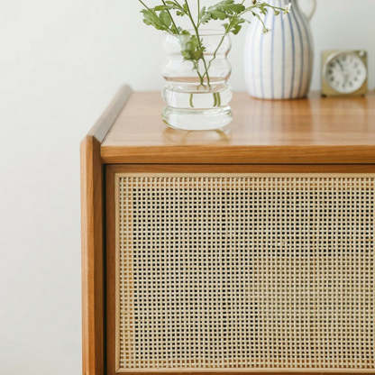 Vintage Solid Wood Rattan 2-Drawer Nightstand