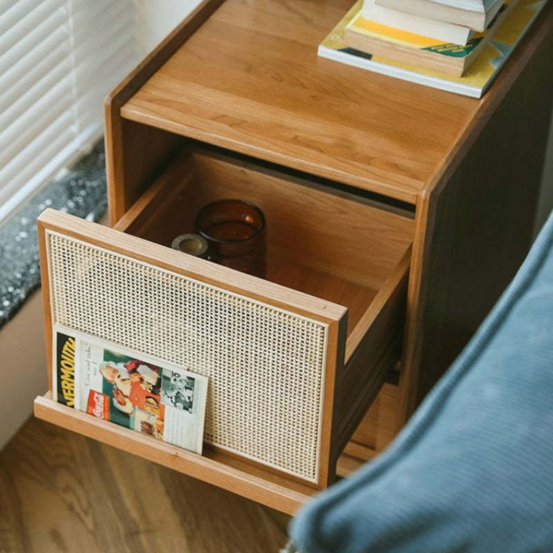Vintage Solid Wood Rattan 2-Drawer Nightstand