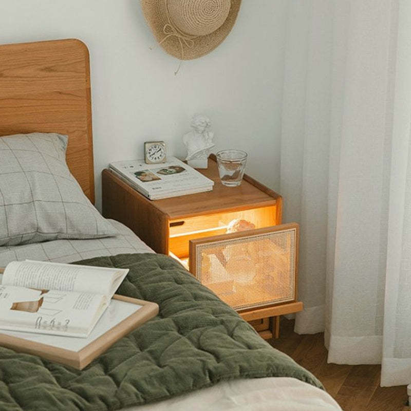 Vintage Solid Wood Rattan 2-Drawer Nightstand