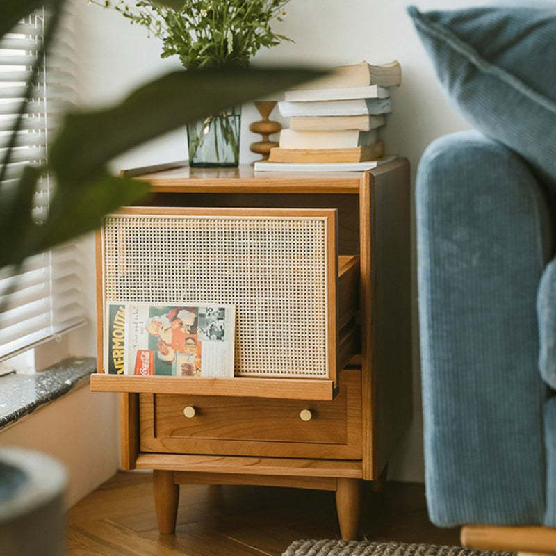 Vintage Solid Wood Rattan 2-Drawer Nightstand