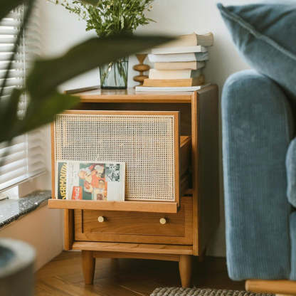 Vintage Solid Wood Rattan 2-Drawer Nightstand