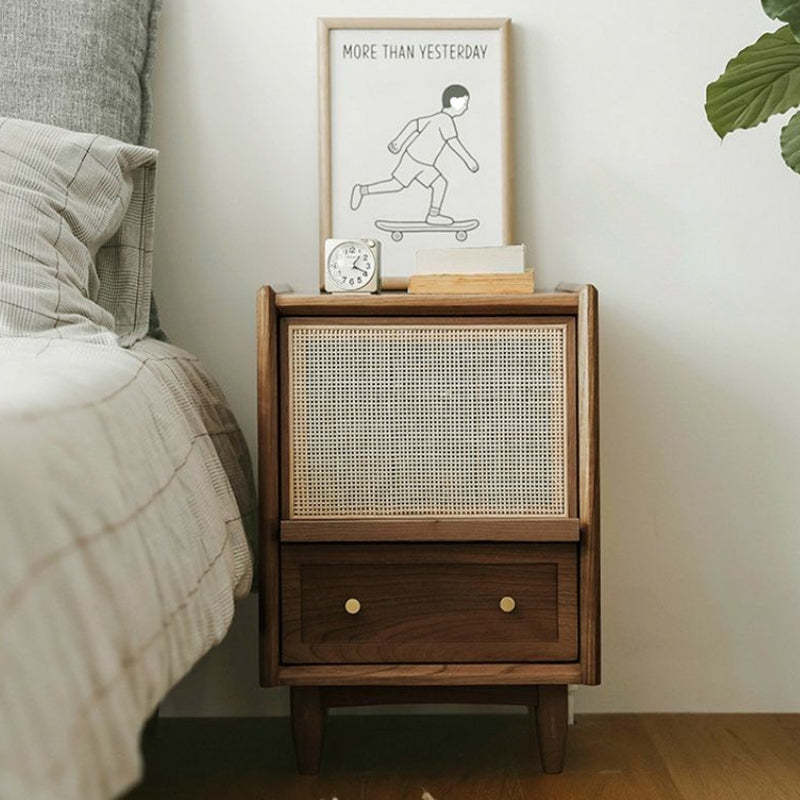 Vintage Solid Wood Rattan 2-Drawer Nightstand