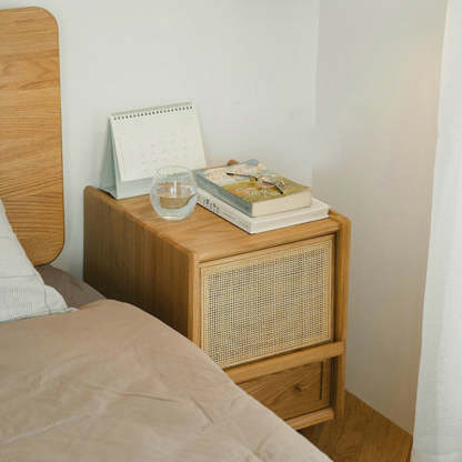 Vintage Solid Wood Rattan 2-Drawer Nightstand