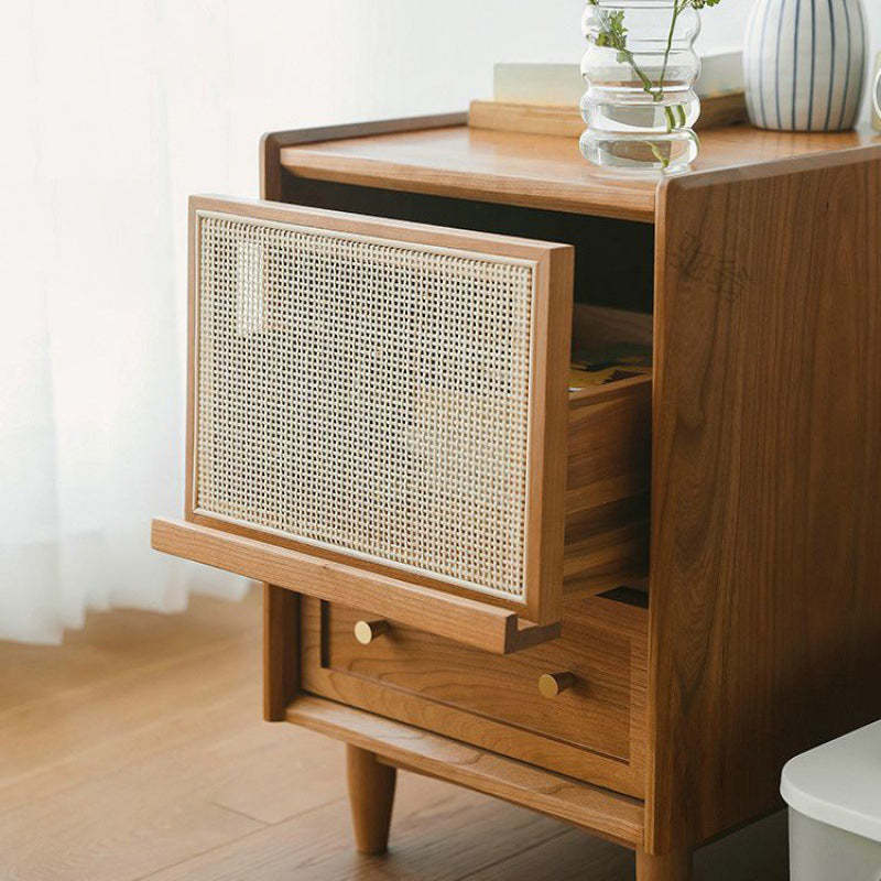 Vintage Solid Wood Rattan 2-Drawer Nightstand
