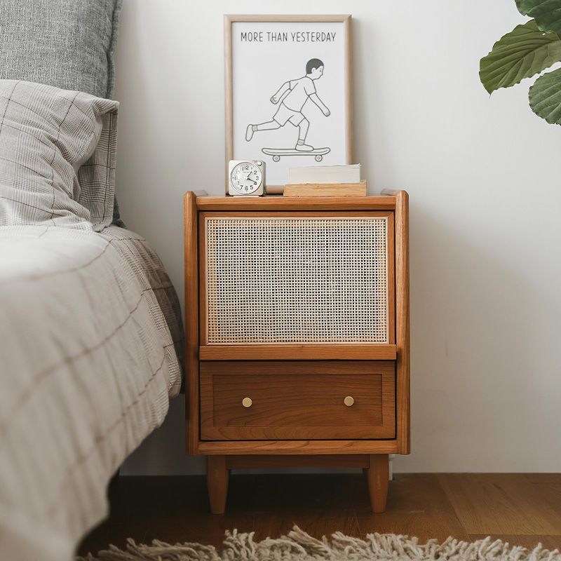 Lighom traditional solid 2-drawer wood nightstands in rattan — Without Light / Cherry