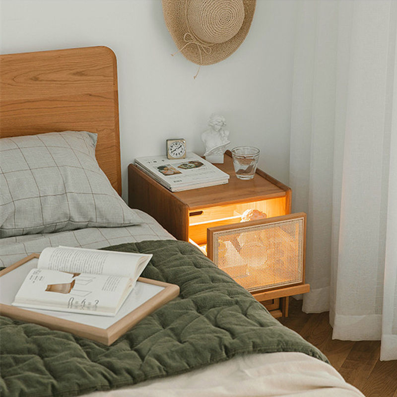 Vintage Solid Wood Rattan 2-Drawer Nightstand