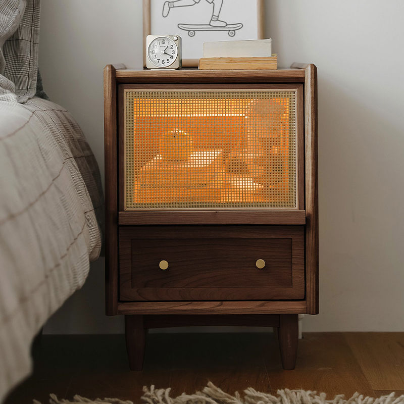 Vintage Solid Wood Rattan 2-Drawer Nightstand