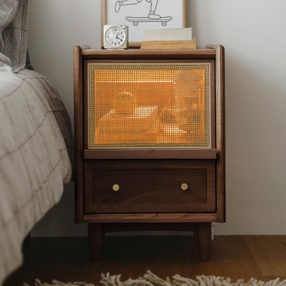 Vintage Solid Wood Rattan 2-Drawer Nightstand