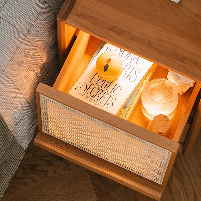 Vintage Solid Wood Rattan 2-Drawer Nightstand