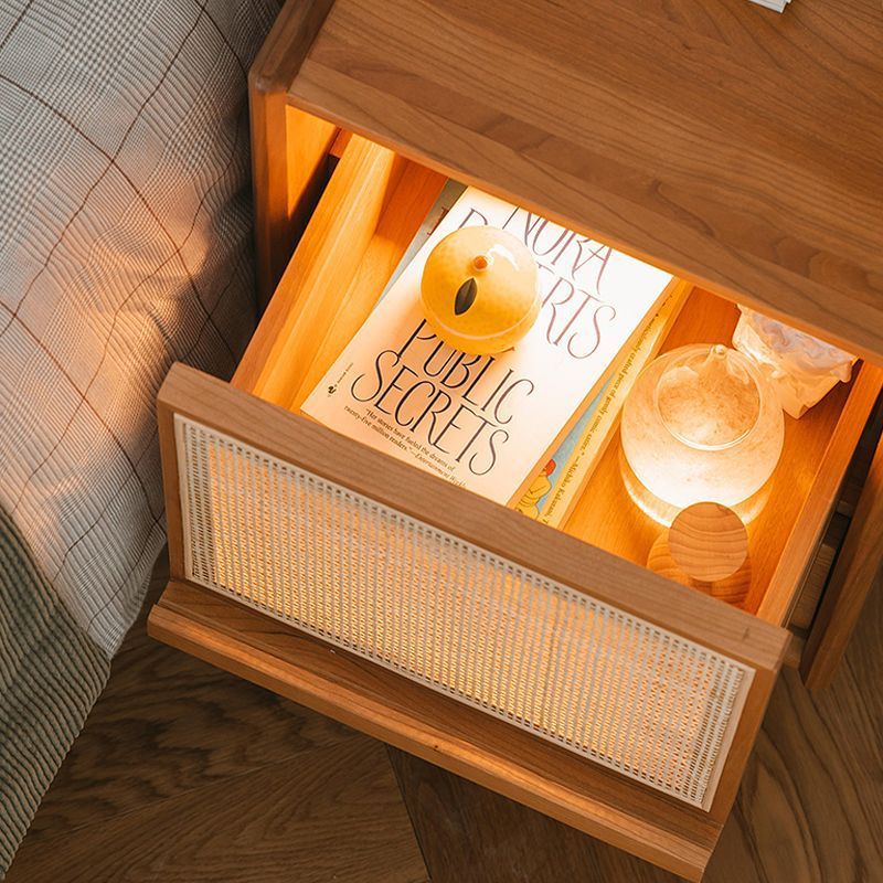Vintage Solid Wood Rattan 2-Drawer Nightstand