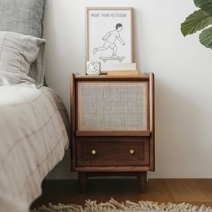 Vintage Solid Wood Rattan 2-Drawer Nightstand — A - Without Light / Black Walnut Color