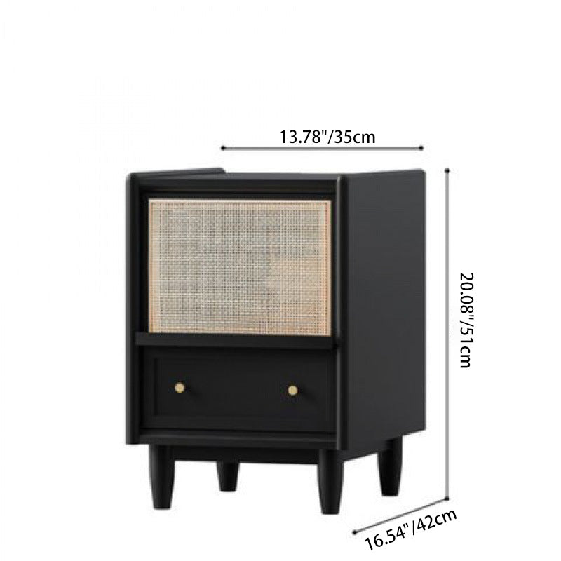 Vintage Solid Wood Rattan 2-Drawer Nightstand — B - With Light / Original Wood Color
