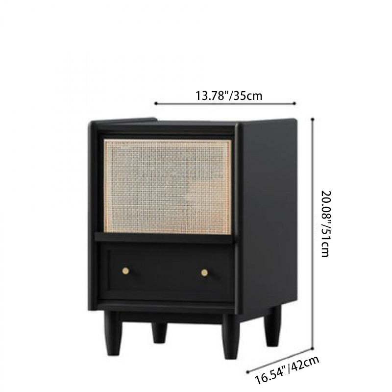 Vintage Solid Wood Rattan 2-Drawer Nightstand — B - With Light / Original Wood Color