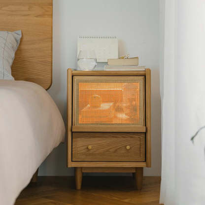 Vintage Solid Wood Rattan 2-Drawer Nightstand