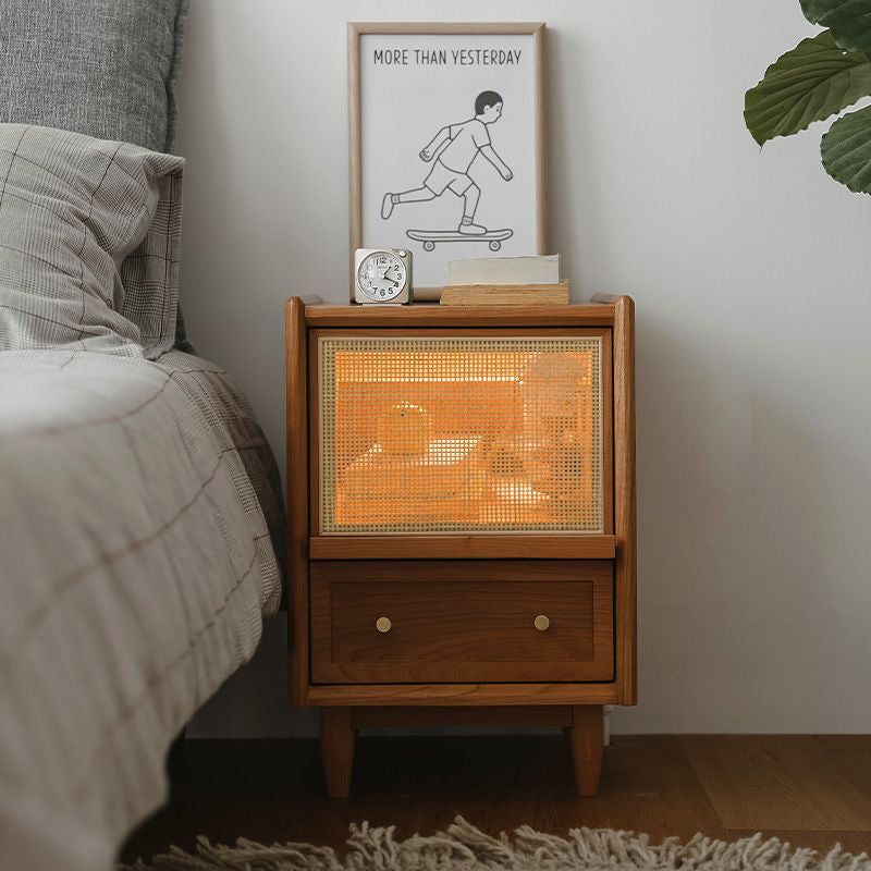Vintage Solid Wood Rattan 2-Drawer Nightstand — B - With Light / Black Walnut Color