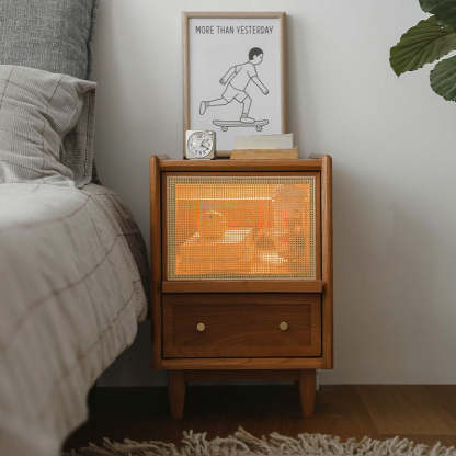 Vintage Solid Wood Rattan 2-Drawer Nightstand — B - With Light / Black Walnut Color