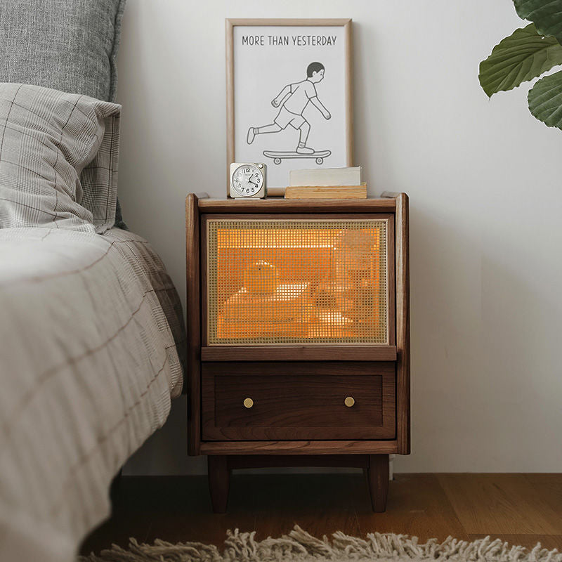 Vintage Solid Wood Rattan 2-Drawer Nightstand