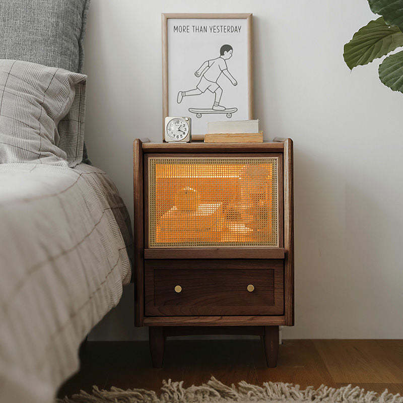 Vintage Solid Wood Rattan 2-Drawer Nightstand