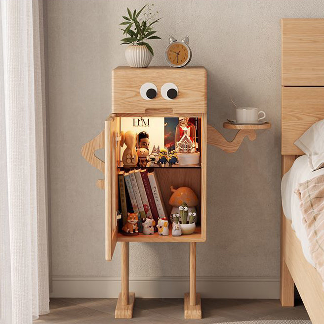 Robot Rubberwood Glass Metal Nightstand — Original Wood Color