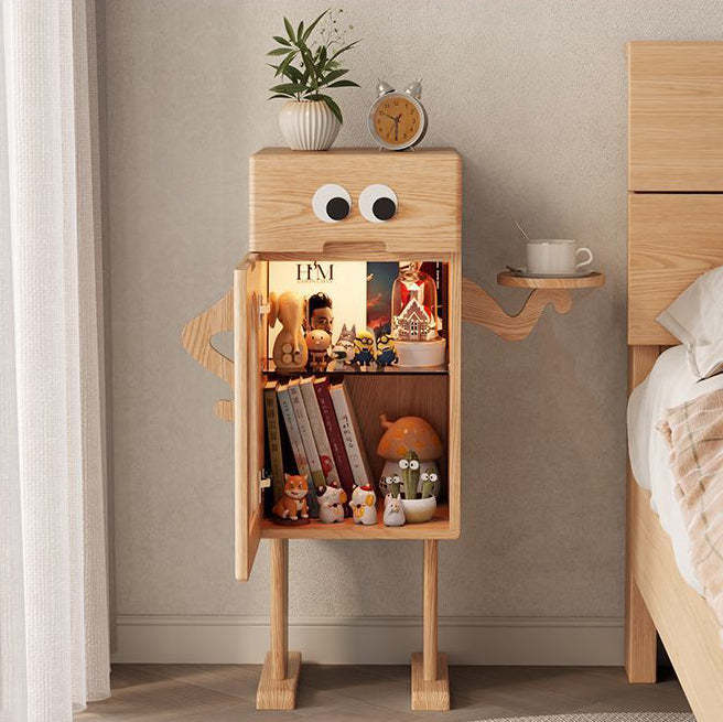 Robot Rubberwood Glass Metal Nightstand — Original Wood Color