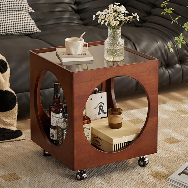 Vintage Wood Rattan Storage Side Table — A / Walnut Wood Color