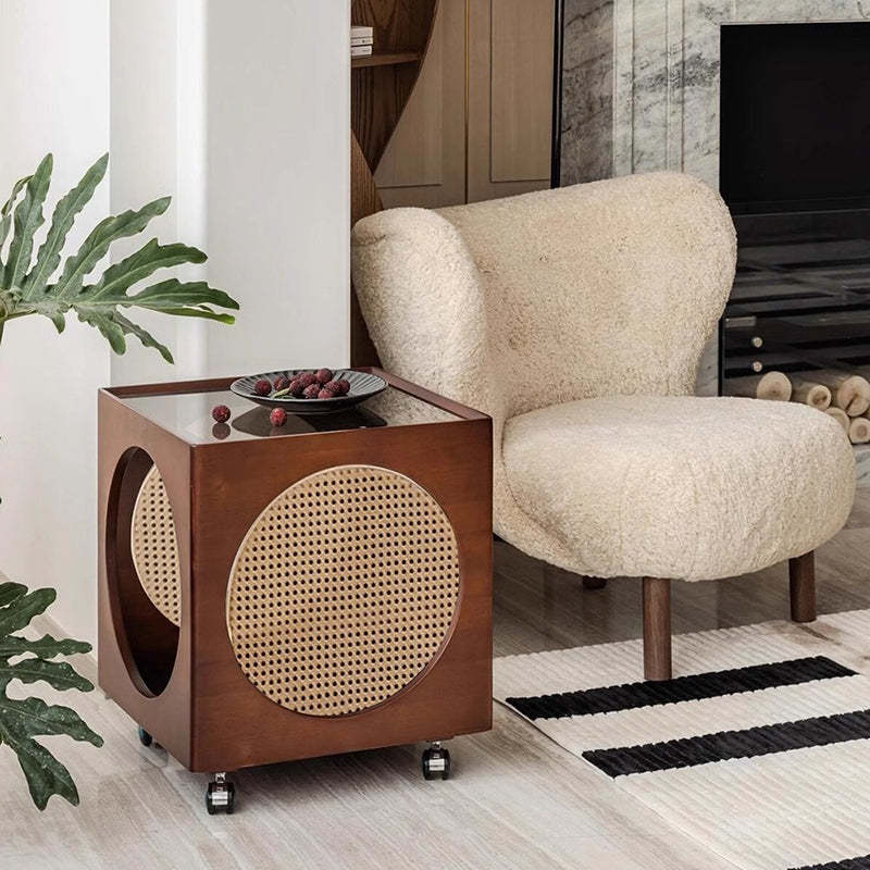 Vintage Wood Rattan Storage Side Table